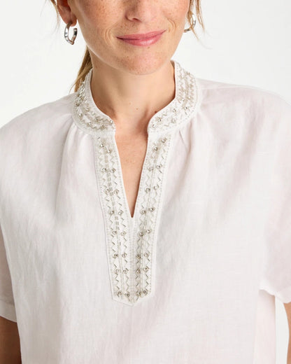 Chico's Linen Embellished Popover Top Alabaster