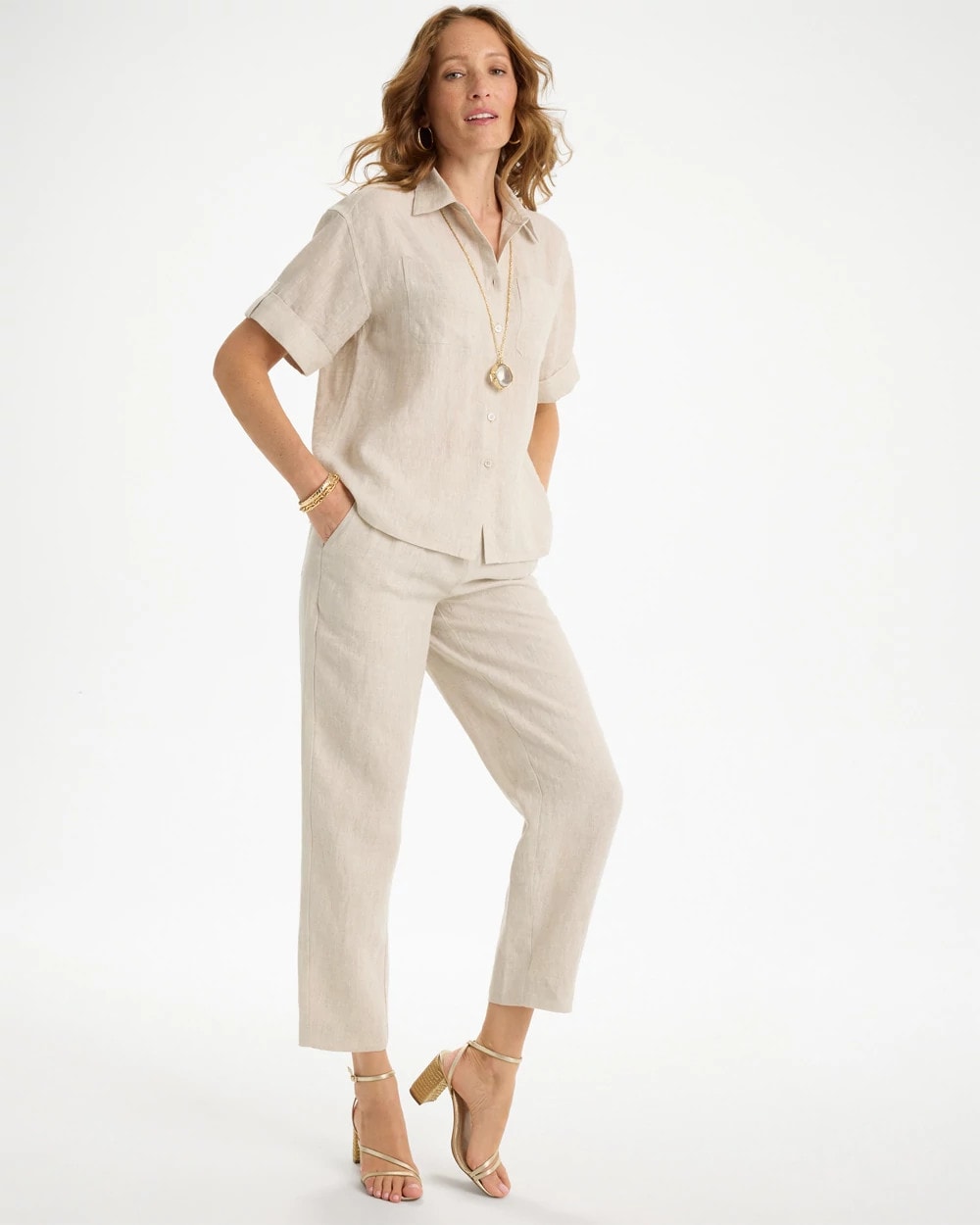 Chico's Linen Camp Collared Shirt Oatmeal