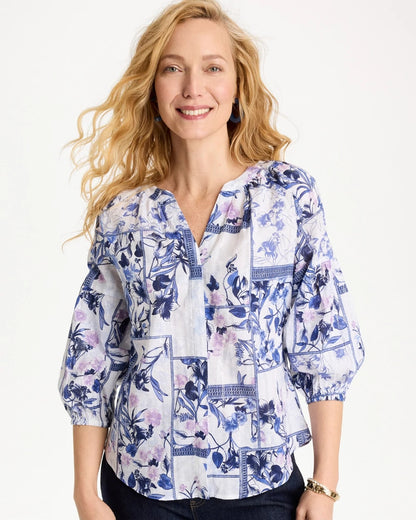 Chico's Cotton Printed Billow Sleeve Blouse Amparo Blue