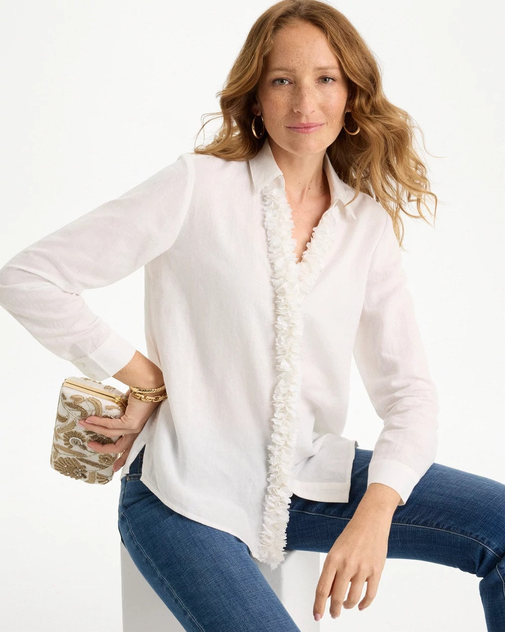 Chico's Linen Flower Embellished Blouse Alabaster