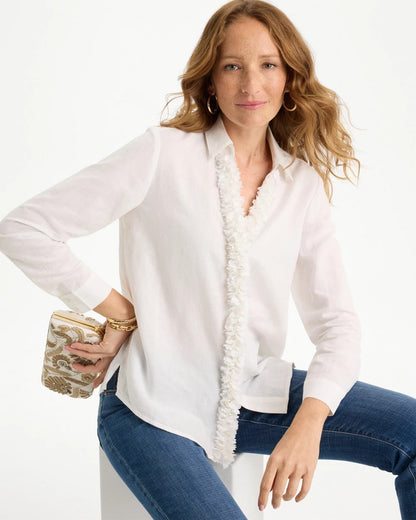 Chico's Linen Flower Embellished Blouse Alabaster