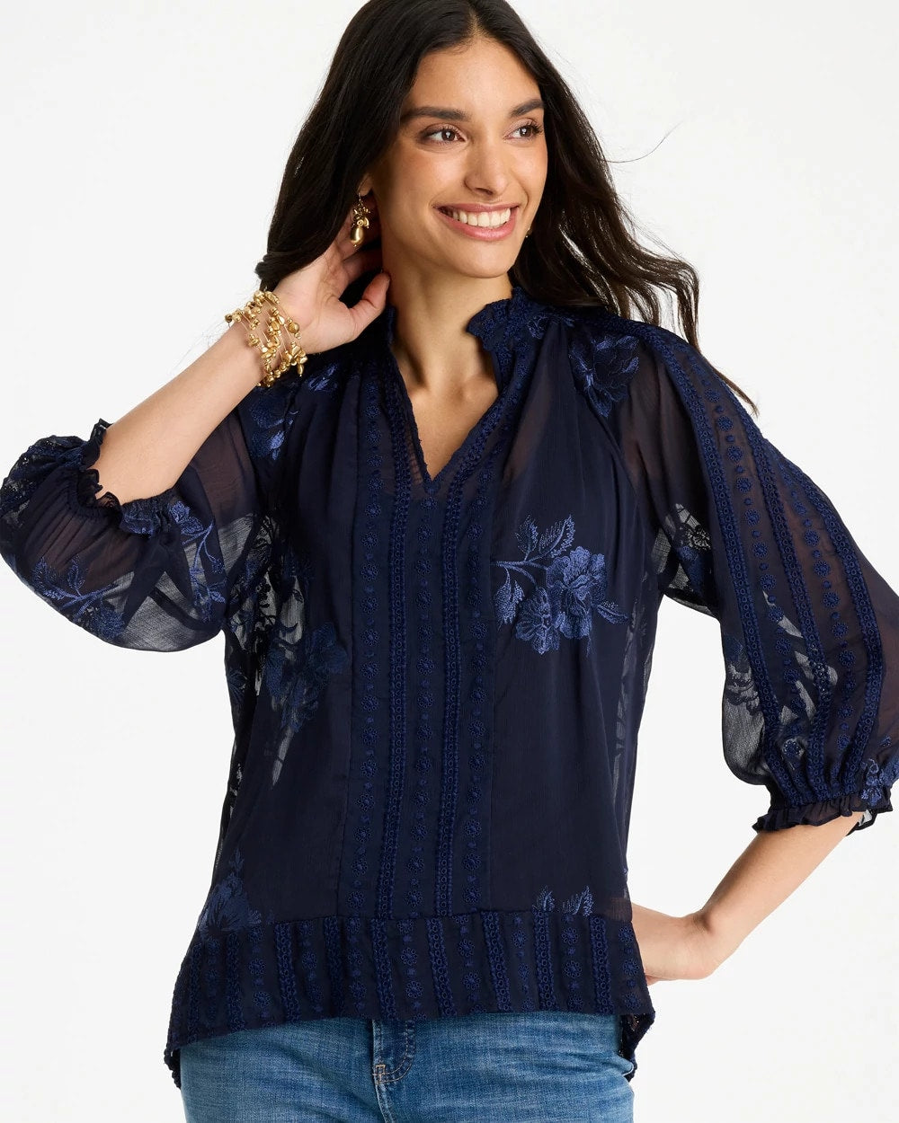 Chico's Embellished Splitneck Blouse Passport Blue