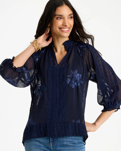 Chico's Embellished Splitneck Blouse Passport Blue