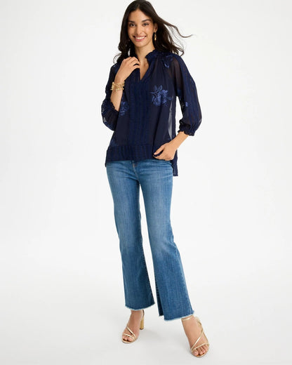 Chico's Embellished Splitneck Blouse Passport Blue