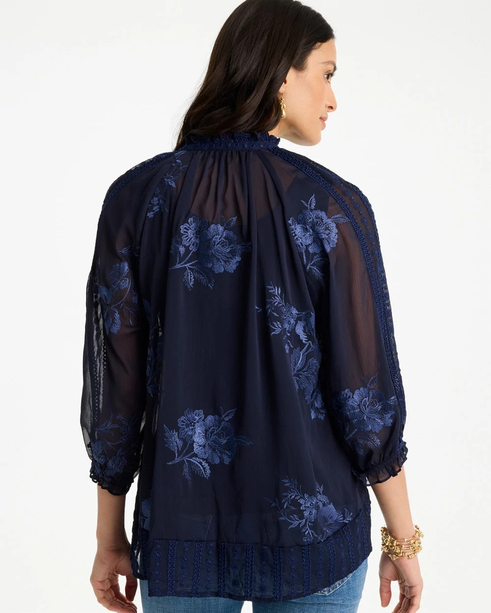Chico's Embellished Splitneck Blouse Passport Blue