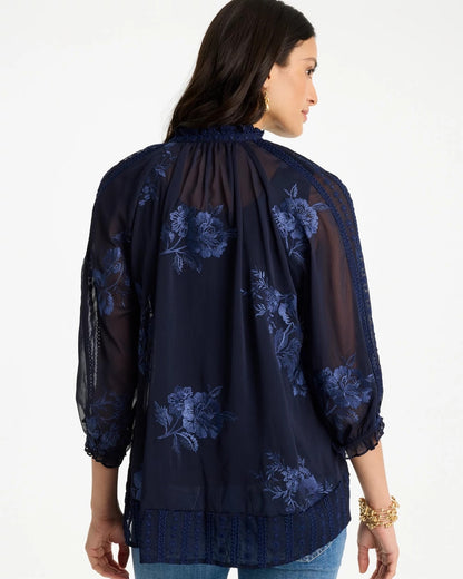 Chico's Embellished Splitneck Blouse Passport Blue