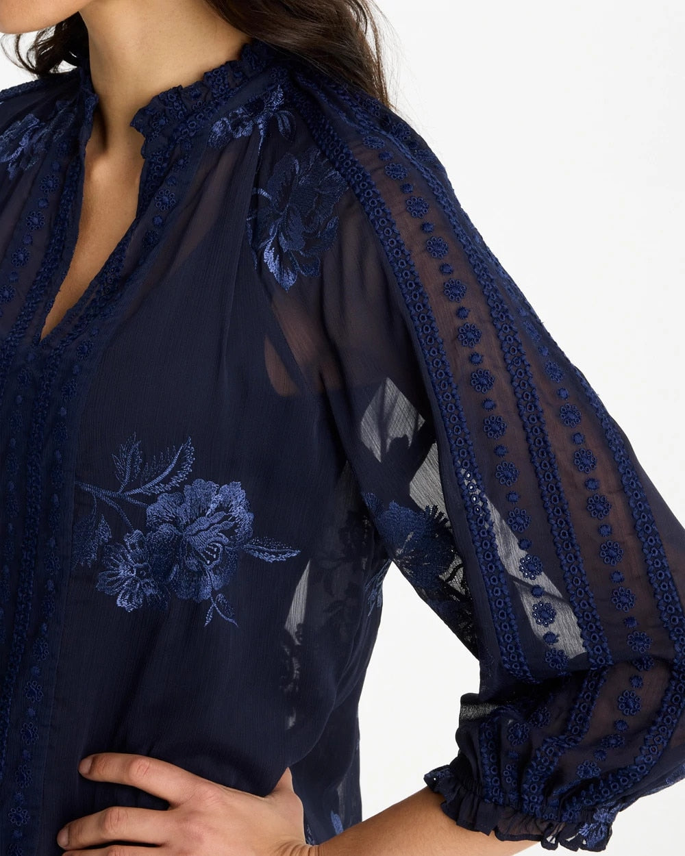Chico's Embellished Splitneck Blouse Passport Blue