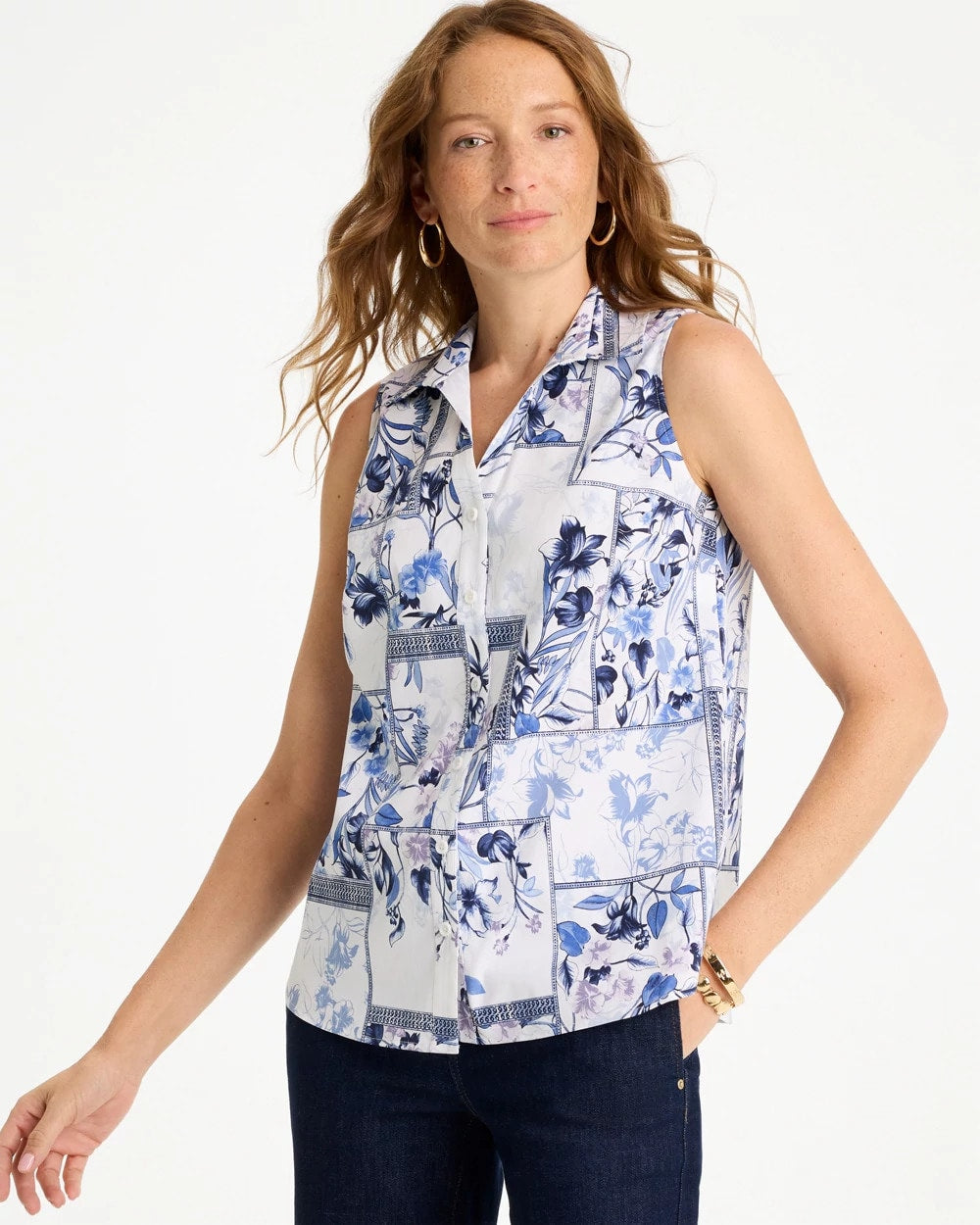 Chico's Cotton-Blend Classic Printed Sleeveless Shirt Amparo Blue