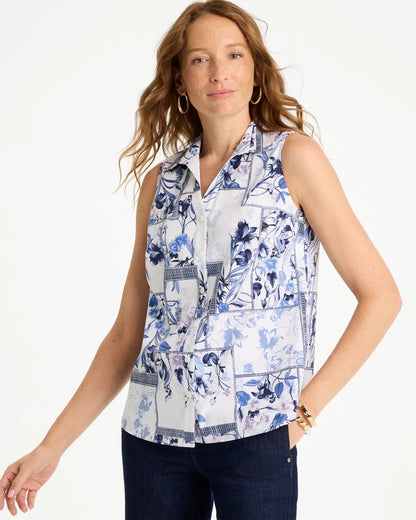 Chico's Cotton-Blend Classic Printed Sleeveless Shirt Amparo Blue