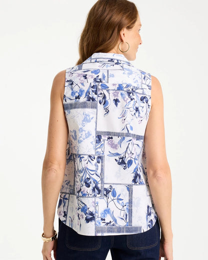 Chico's Cotton-Blend Classic Printed Sleeveless Shirt Amparo Blue