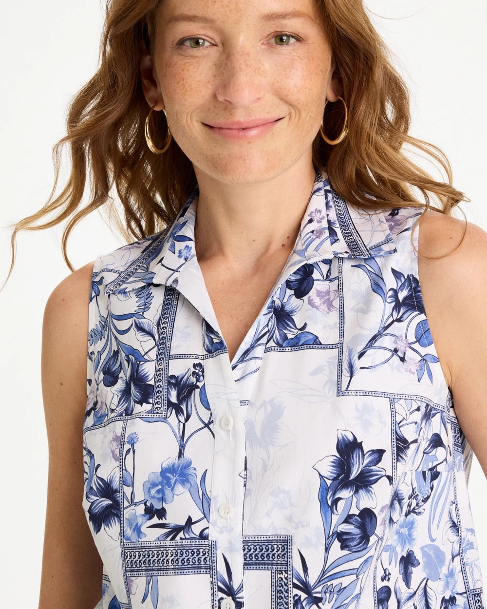 Chico's Cotton-Blend Classic Printed Sleeveless Shirt Amparo Blue