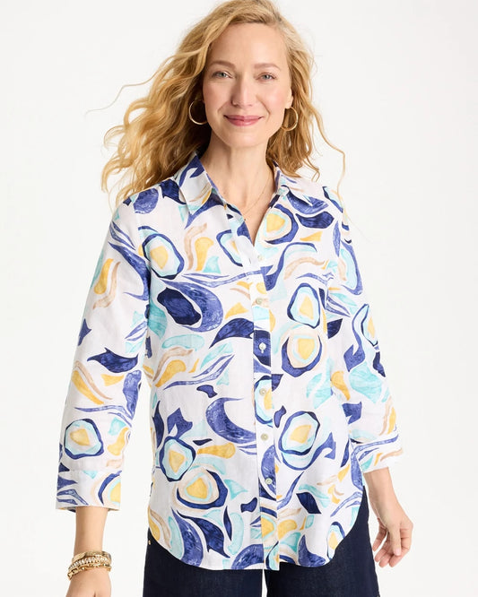 Chico's No Iron™ Linen Handpainted Print Shirt Passport Blue