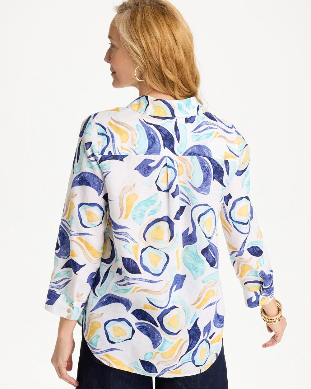 Chico's No Iron™ Linen Handpainted Print Shirt Passport Blue