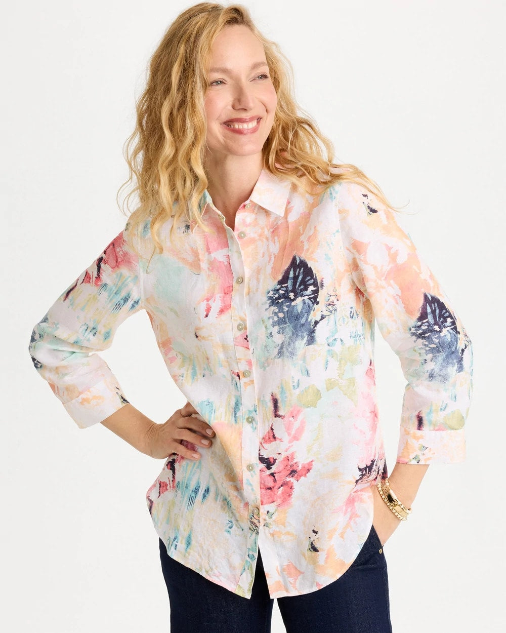 Chico's No Iron™ Linen Printed Shirt Calypso Coral