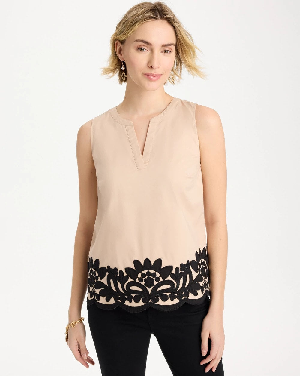 Chico's Applique Embellished Sleeveless Top Tan Bisque