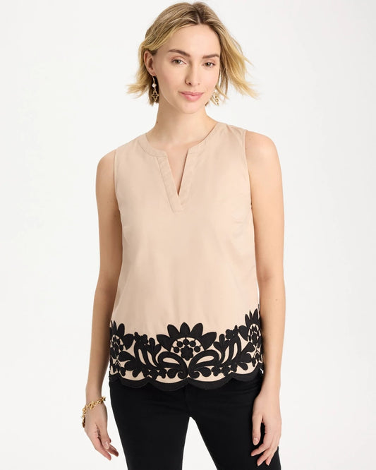 Chico's Applique Embellished Sleeveless Top Tan Bisque