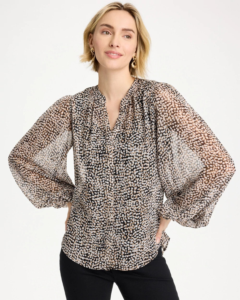 Chico's Georgette Printed Squares Blouse Black