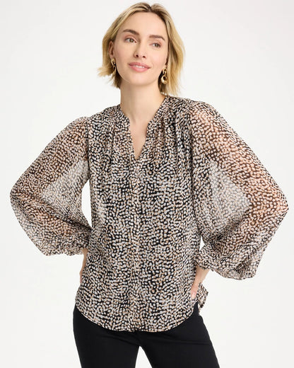 Chico's Georgette Printed Squares Blouse Black