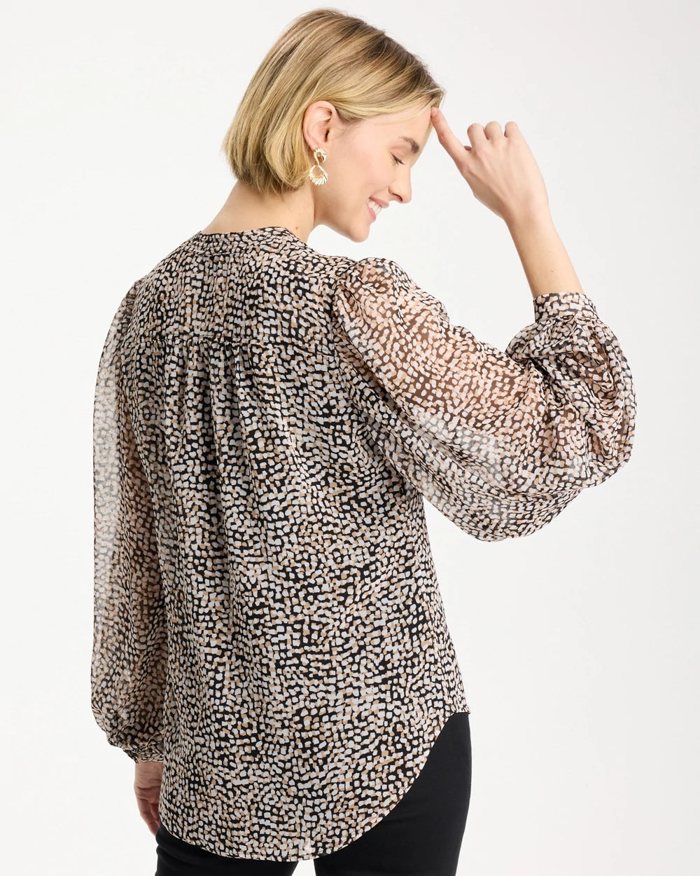 Chico's Georgette Printed Squares Blouse Black