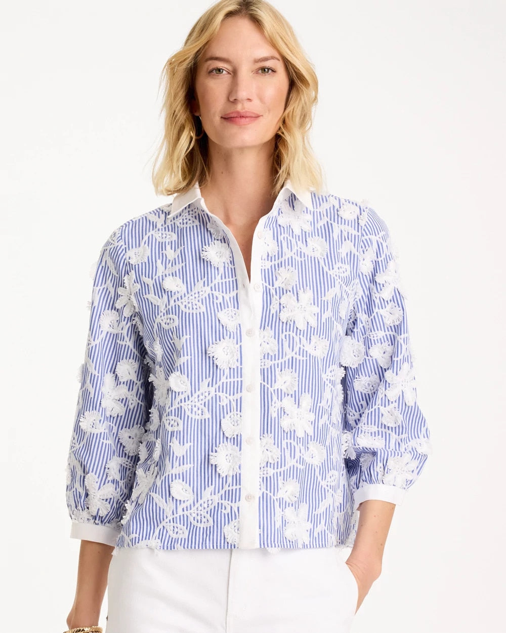 Chico's Cotton 3D Embroidered Striped Shirt Alabaster