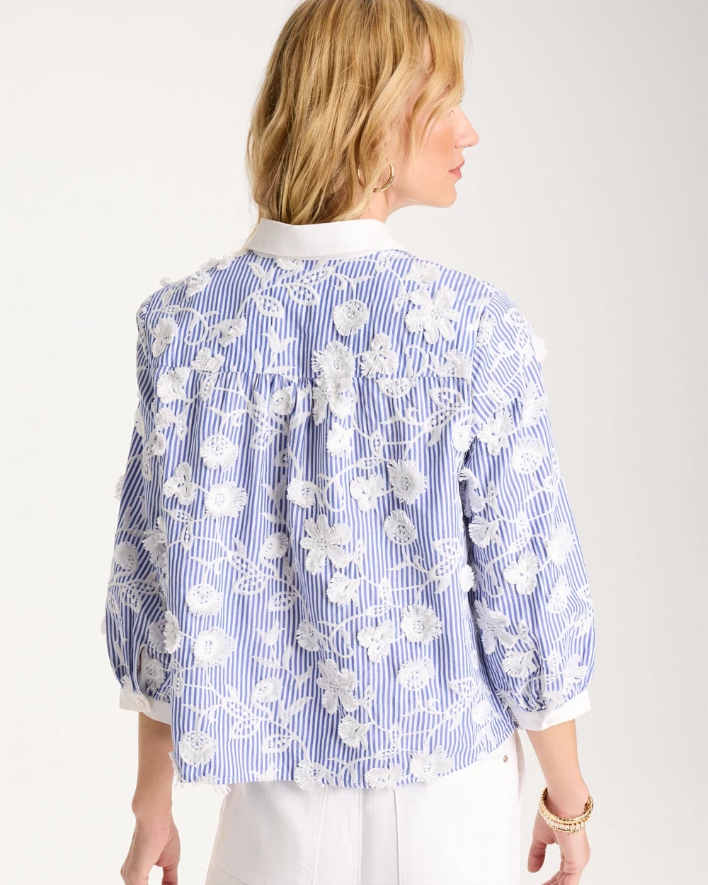 Chico's Cotton 3D Embroidered Striped Shirt Alabaster