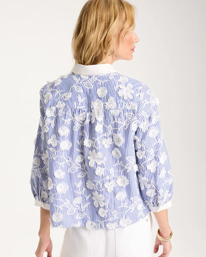 Chico's Cotton 3D Embroidered Striped Shirt Alabaster