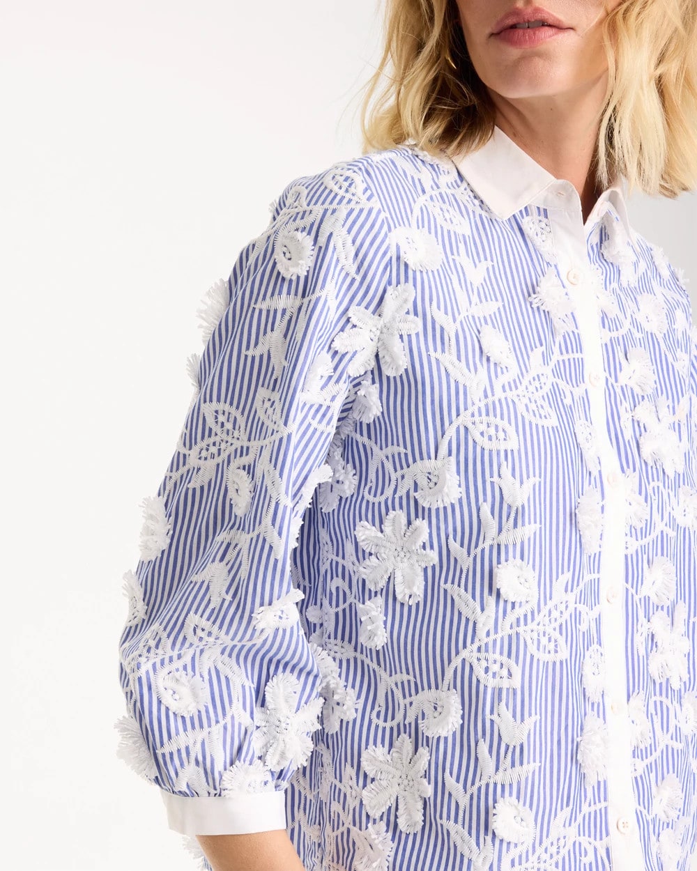 Chico's Cotton 3D Embroidered Striped Shirt Alabaster