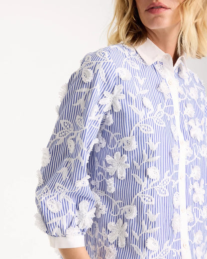 Chico's Cotton 3D Embroidered Striped Shirt Alabaster
