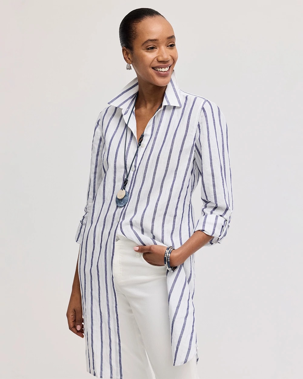 Chico's Linen Metallic Striped Duster Shirt Alabaster