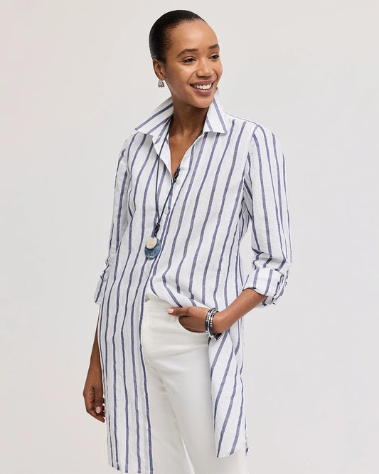 Chico's Linen Metallic Striped Duster Shirt Alabaster