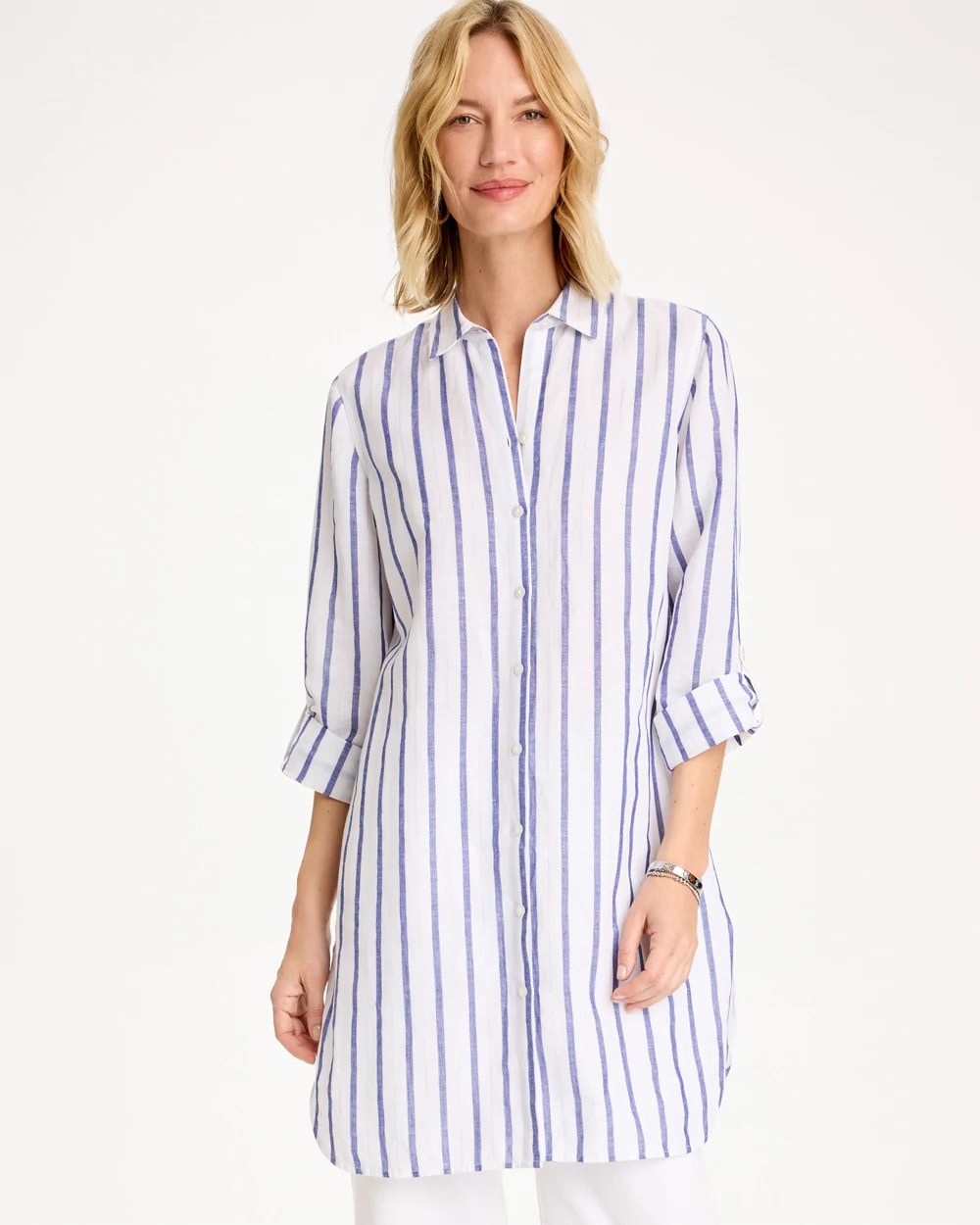 Chico's Linen Metallic Striped Duster Shirt Alabaster