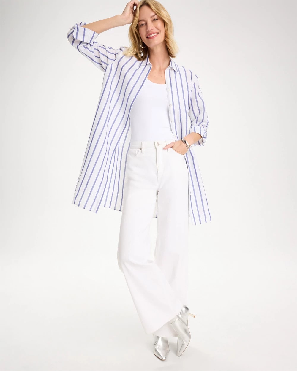 Chico's Linen Metallic Striped Duster Shirt Alabaster
