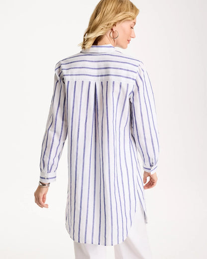 Chico's Linen Metallic Striped Duster Shirt Alabaster
