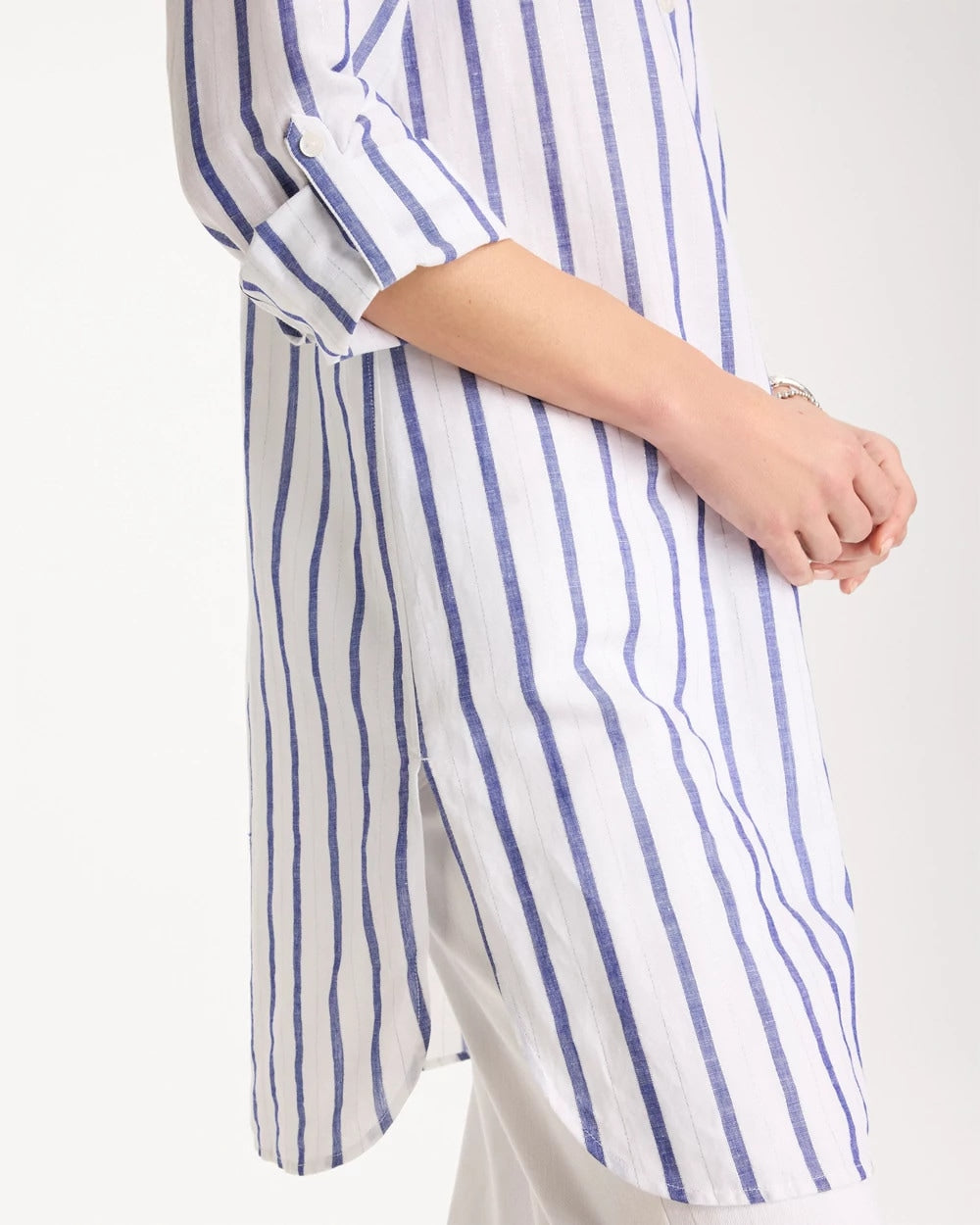 Chico's Linen Metallic Striped Duster Shirt Alabaster