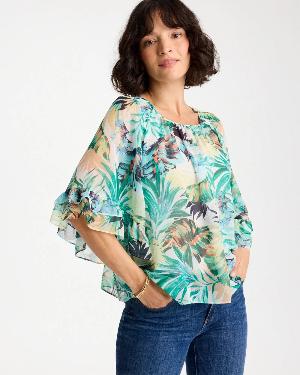 Chico's Printed Georgette Swing Blouse Topanga Green