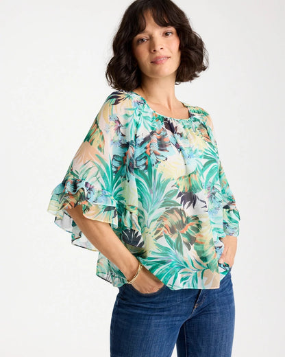 Chico's Printed Georgette Swing Blouse Topanga Green