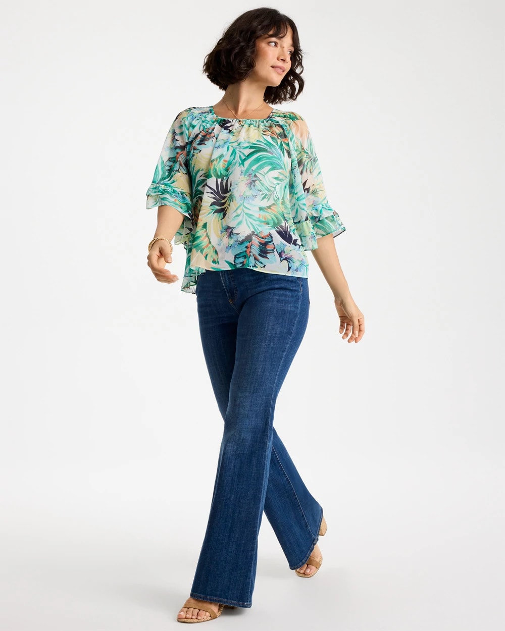 Chico's Printed Georgette Swing Blouse Topanga Green