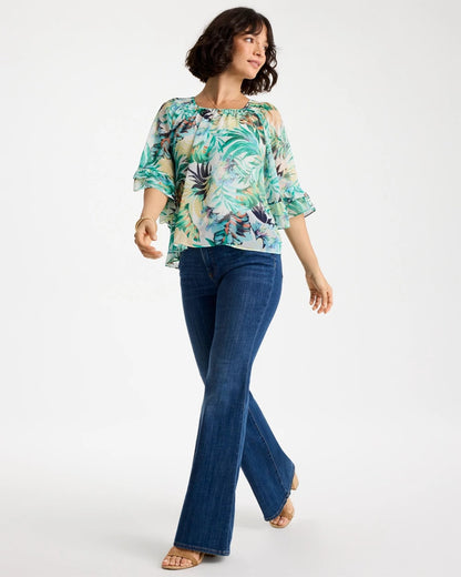 Chico's Printed Georgette Swing Blouse Topanga Green