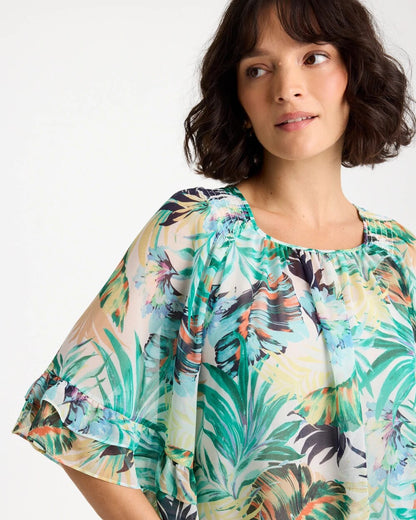 Chico's Printed Georgette Swing Blouse Topanga Green
