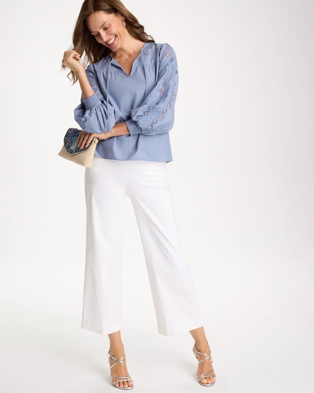Chico's Chambray Lace Tie-Front Blouse Washed Indigo