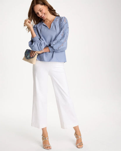 Chico's Chambray Lace Tie-Front Blouse Washed Indigo