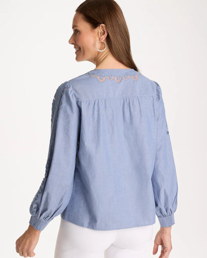 Chico's Chambray Lace Tie-Front Blouse Washed Indigo