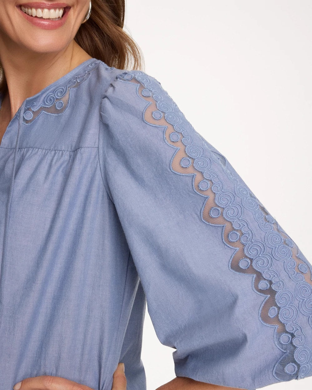Chico's Chambray Lace Tie-Front Blouse Washed Indigo