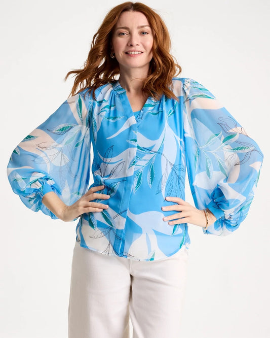 Chico's Georgette Printed Blouse Blue Tide