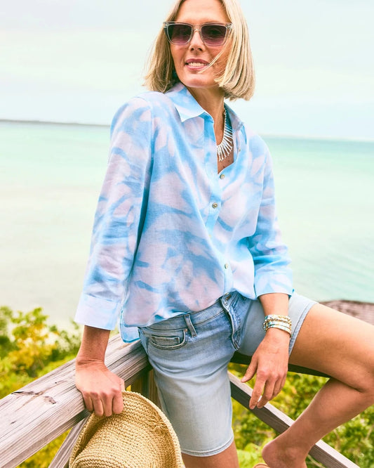 Chico's Tie-Dye No Iron Linen Shirt Blue Haven