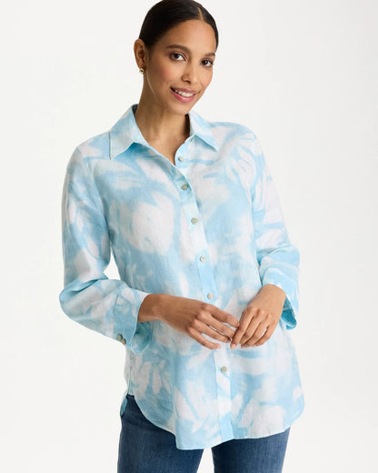 Chico's Tie-Dye No Iron Linen Shirt Blue Haven