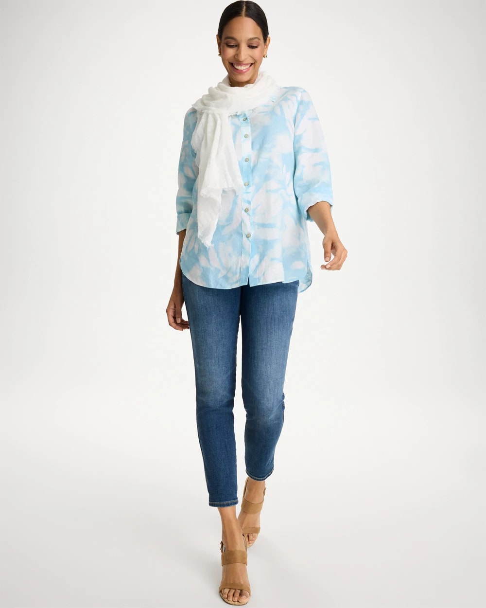 Chico's Tie-Dye No Iron Linen Shirt Blue Haven