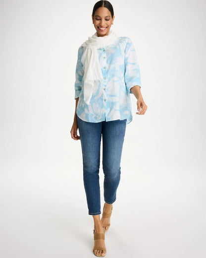 Chico's Tie-Dye No Iron Linen Shirt Blue Haven