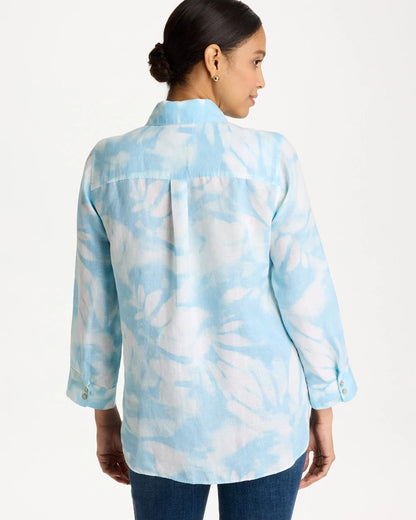 Chico's Tie-Dye No Iron Linen Shirt Blue Haven
