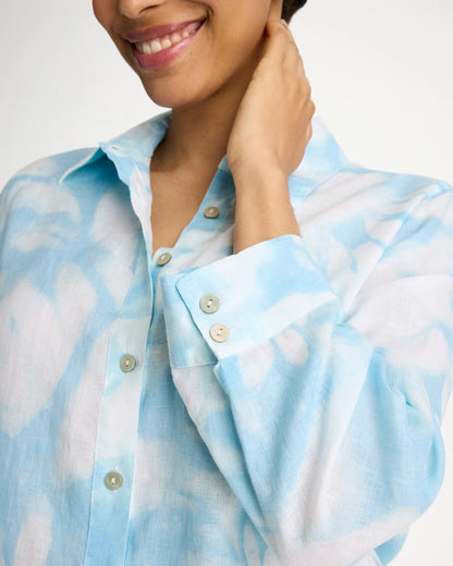 Chico's Tie-Dye No Iron Linen Shirt Blue Haven